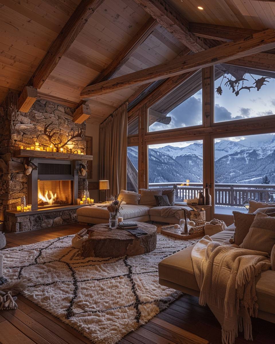 Wohnzimmer-im-Chalet-Stil- Nutze massive Holzbalken für die Decke