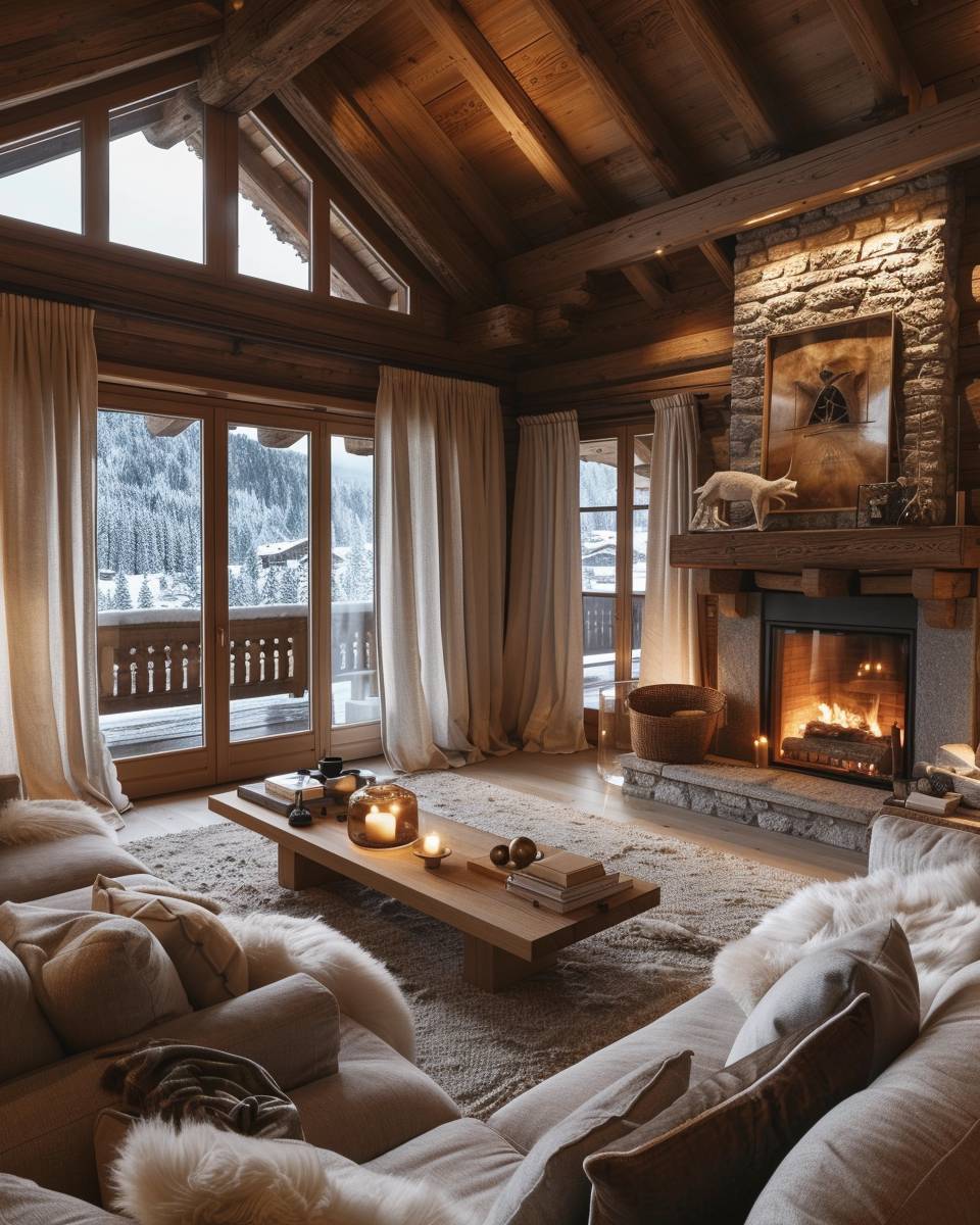 Wohnzimmer-im-Chalet-Stil- Umrahme Fenster mit schweren Leinenvorhängen