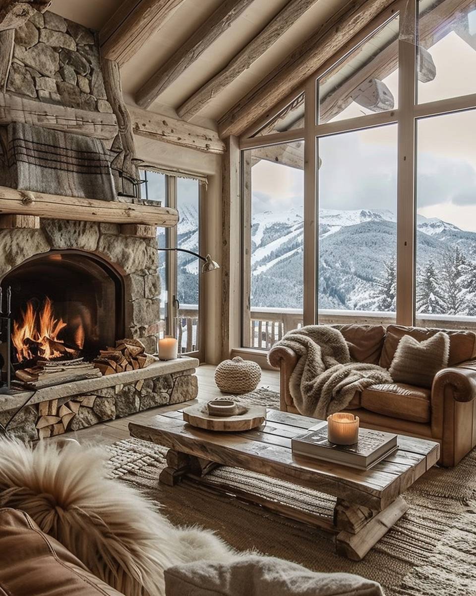 Wohnzimmer-im-Chalet-Stil- Verzichte auf grelle Farben und setze Naturtöne ein