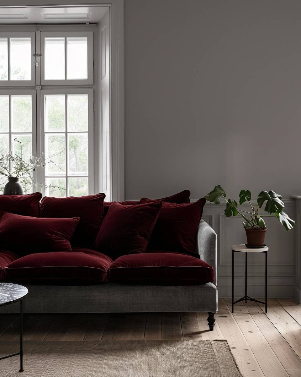 Wohnzimmer in Bordeauxrot gestalten-Setze bordeauxrote Kissen auf dein Sofa