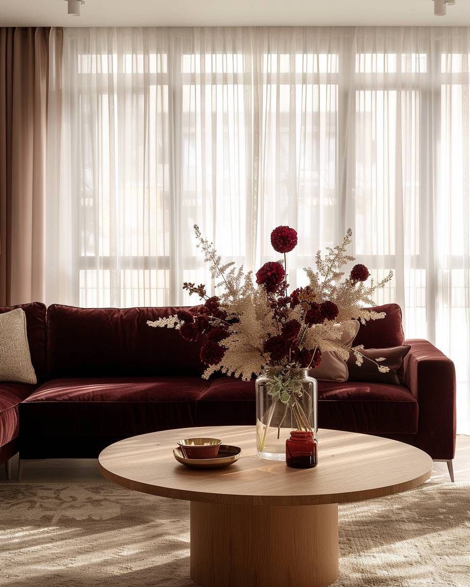 Wohnzimmer in Bordeauxrot gestalten- Setze frische, bordeauxrote Blumen ins Wohnzimmer