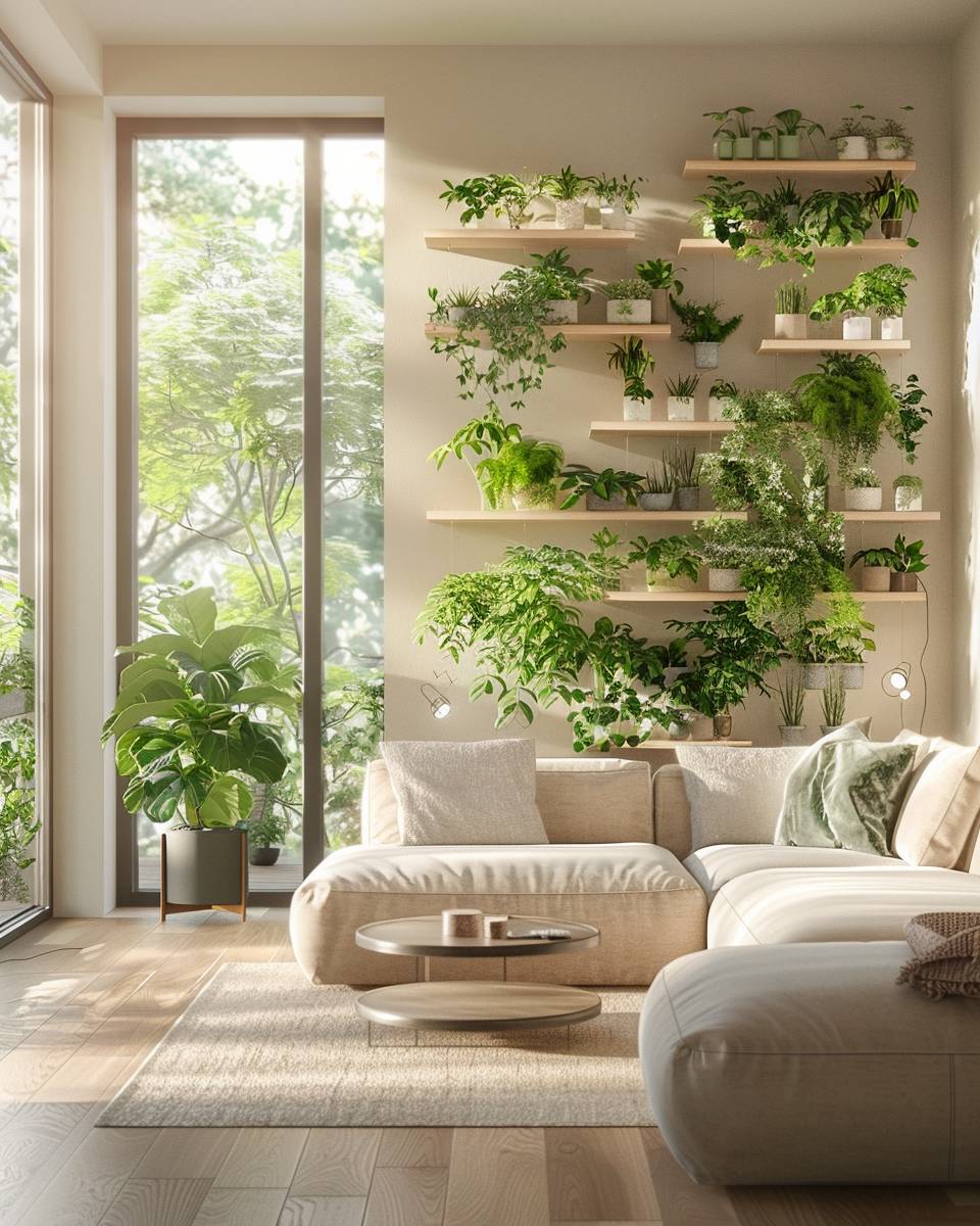Wohnzimmer mit Pflanzenwand gestalten- Montiere schwebende Pflanzenregale für mehr Höhe