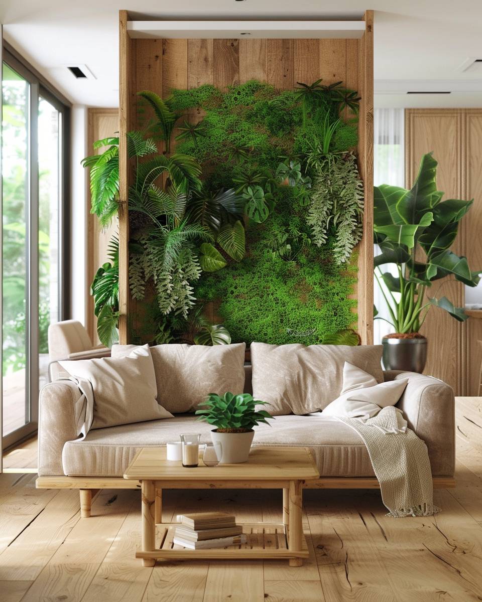 Wohnzimmer mit Pflanzenwand gestalten- Probiere einen bepflanzten Raumteiler aus Holz