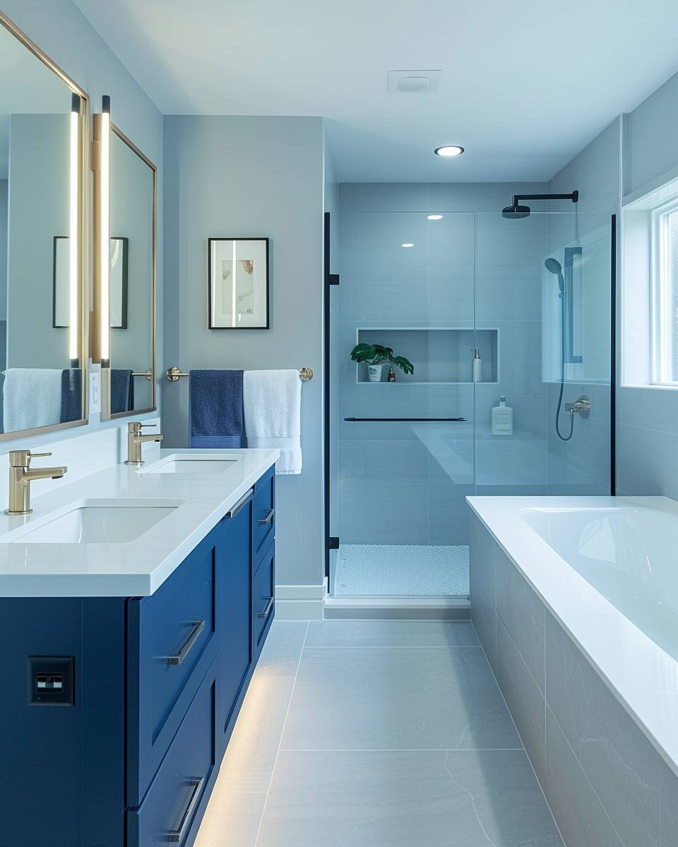 Badezimmer in Blau- Baue dunkelblaue Schubladenfronten in den Waschtisch ein