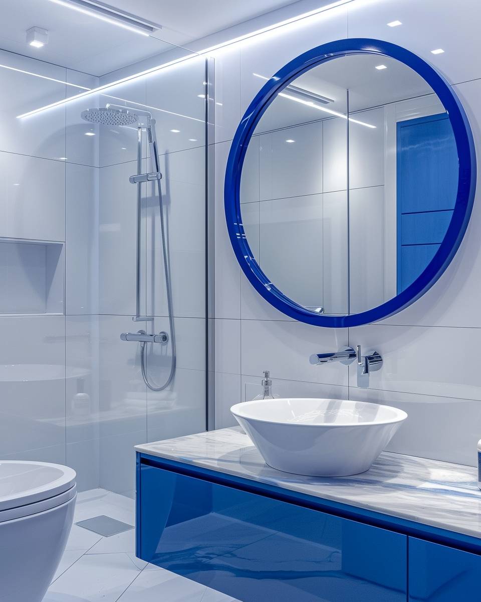 Badezimmer in Blau- Betone den Spiegel mit einer königsblauen Rahmenleiste