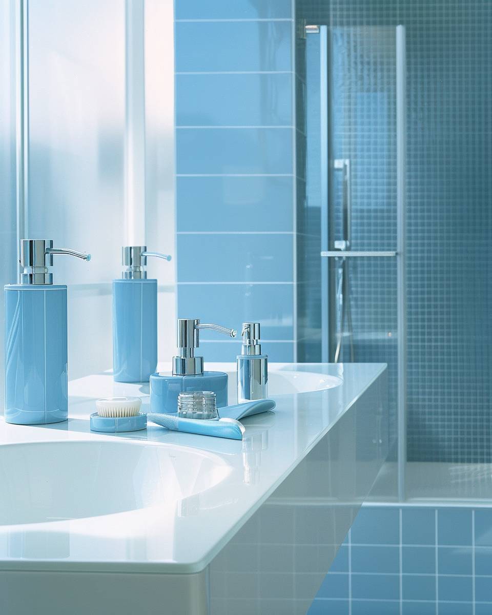 Badezimmer in Blau- Dekoriere mit himmelblauen Seifenspendern und Accessoires