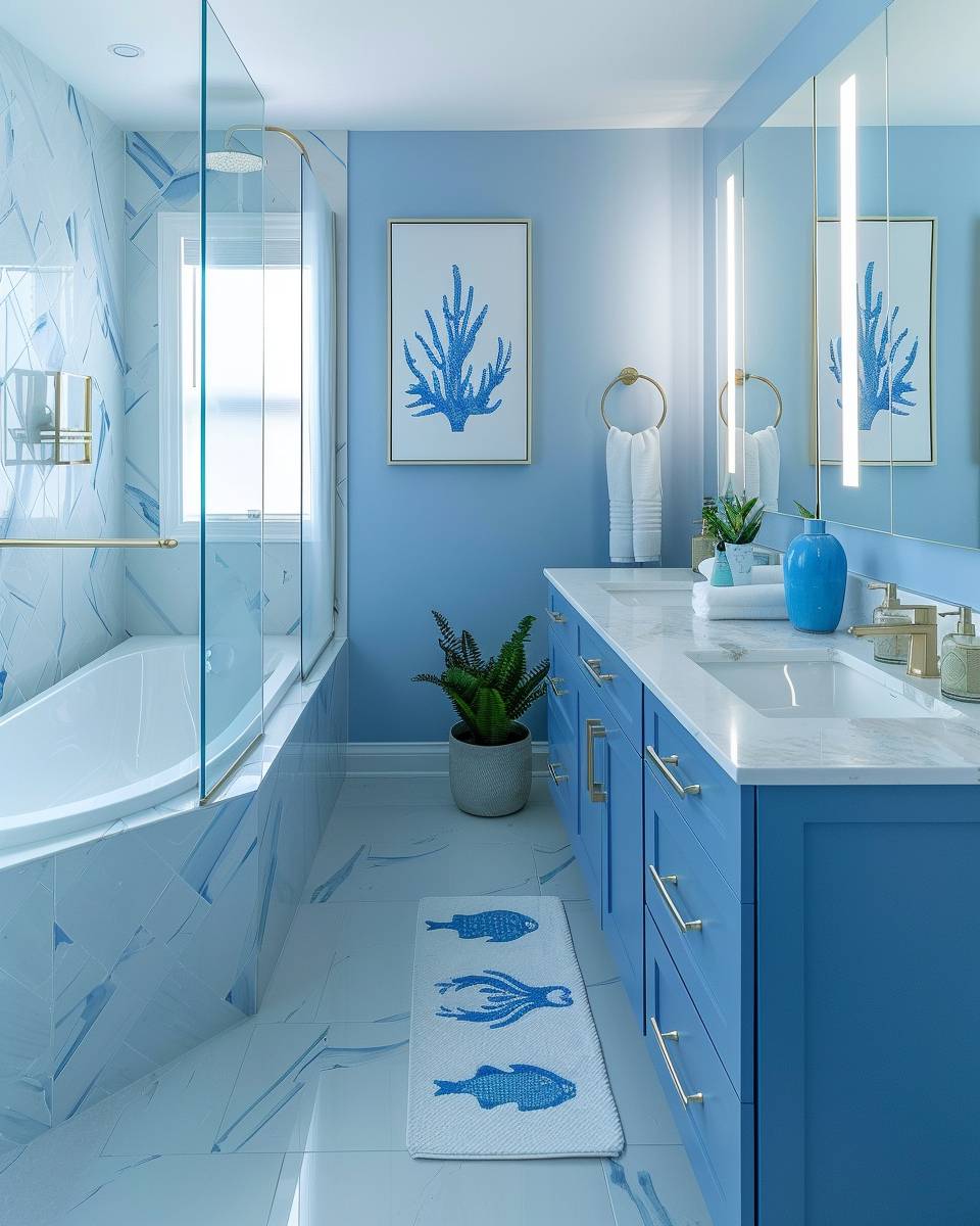 Badezimmer in Blau- Präsentiere Kunst mit blauen Meeresmotiven
