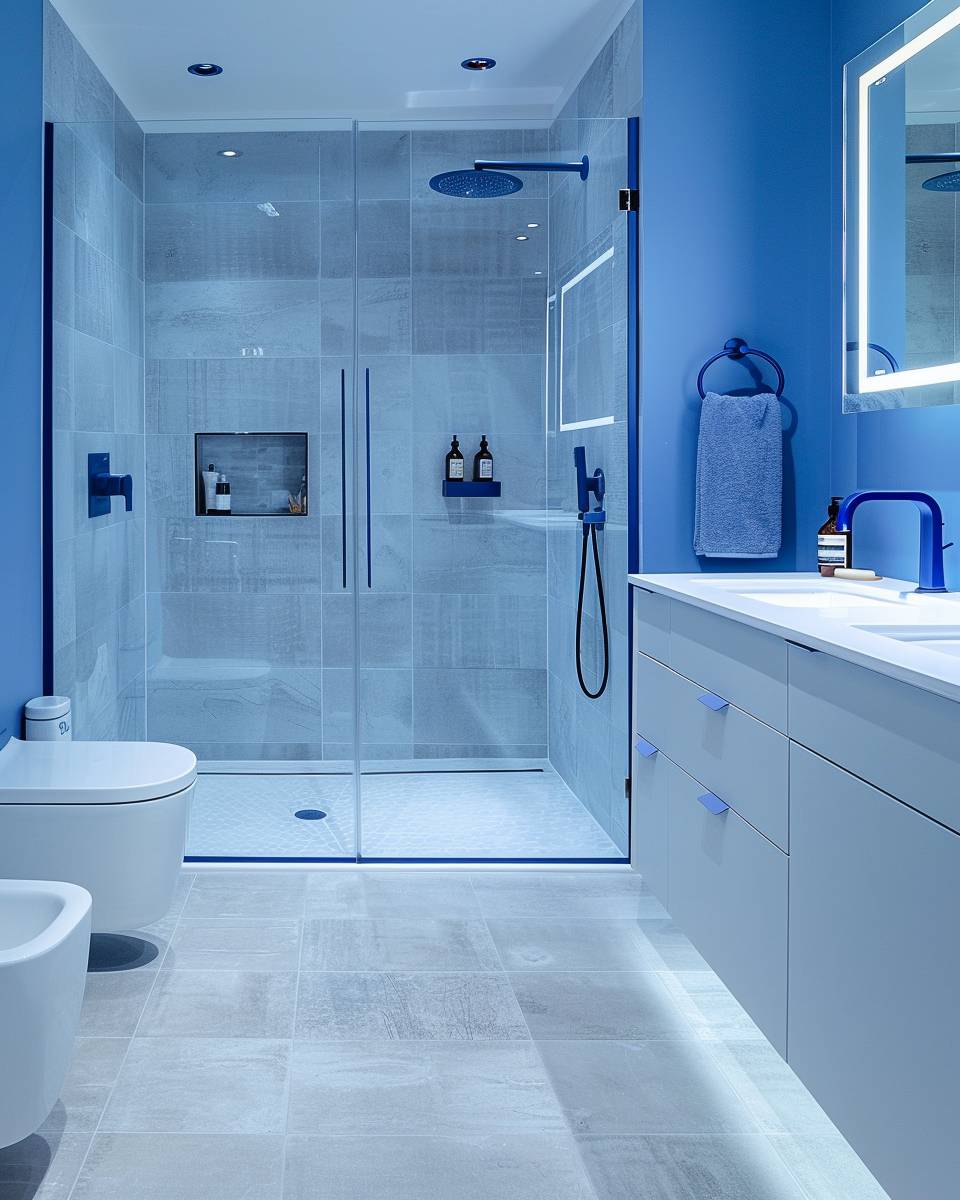 Badezimmer in Blau- Variiere die Armaturen in mattblauer Optik