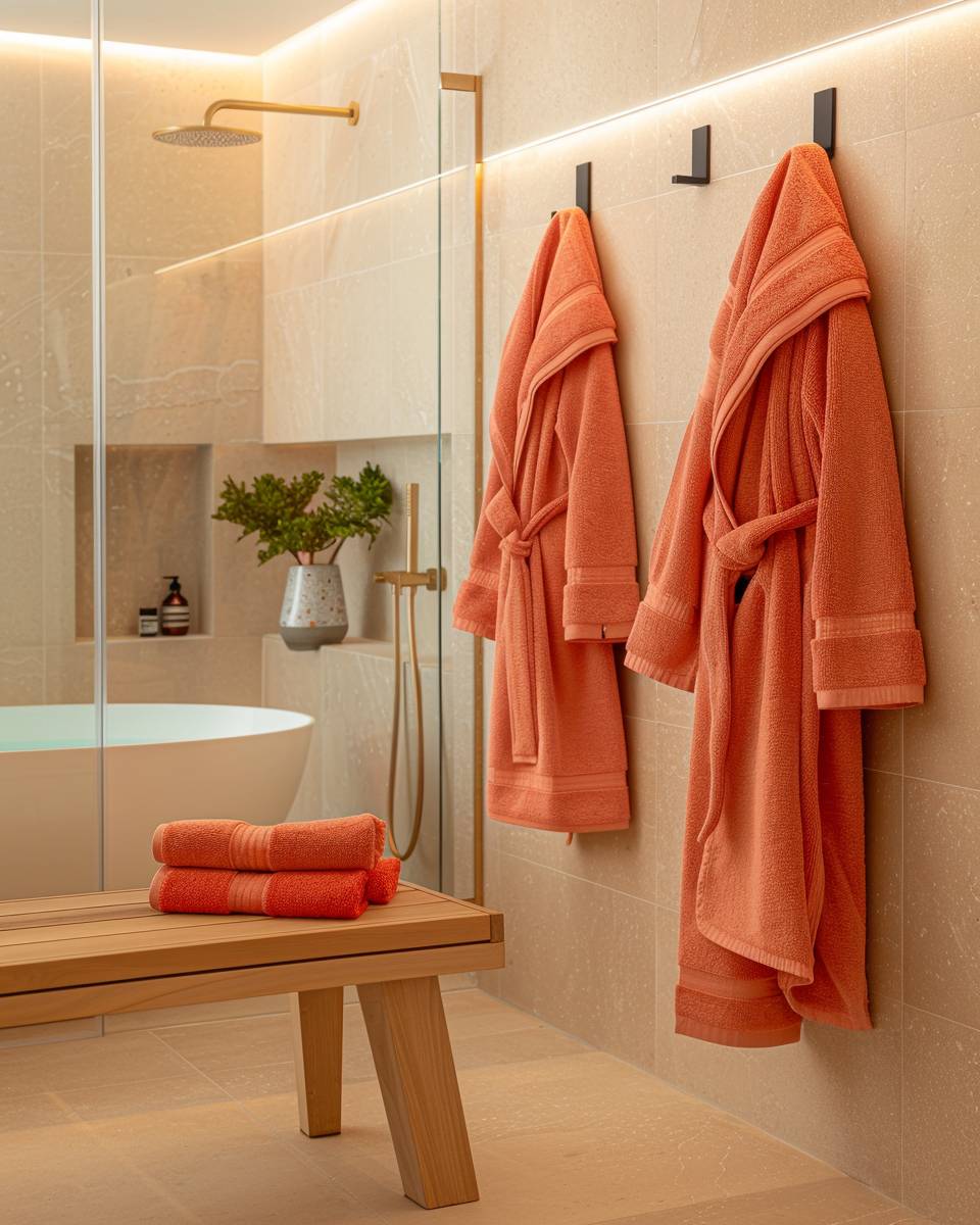 Badezimmer in Koralle einrichten- Ergänze deinen Raum mit korallfarbenen Bademänteln