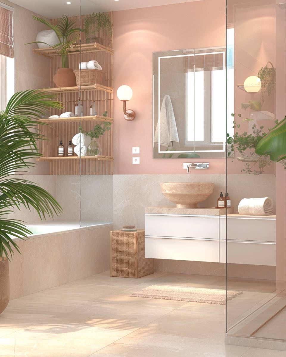 Badezimmer in Koralle einrichten- Integriere Naturmaterialien wie Bambus zu Koralle