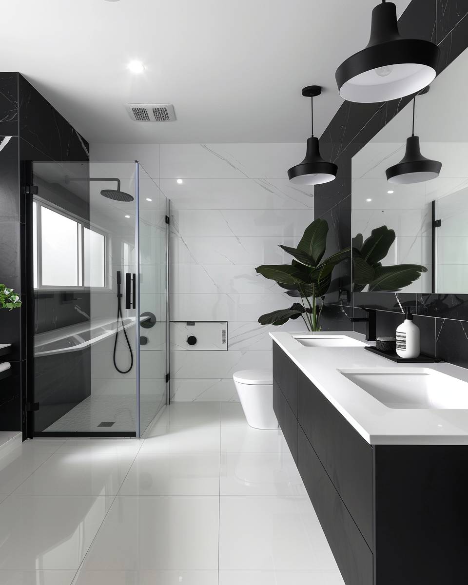 Badezimmer in Schwarz-Weiß gestalten- Experimentiere mit schwarzen Deckenlampen