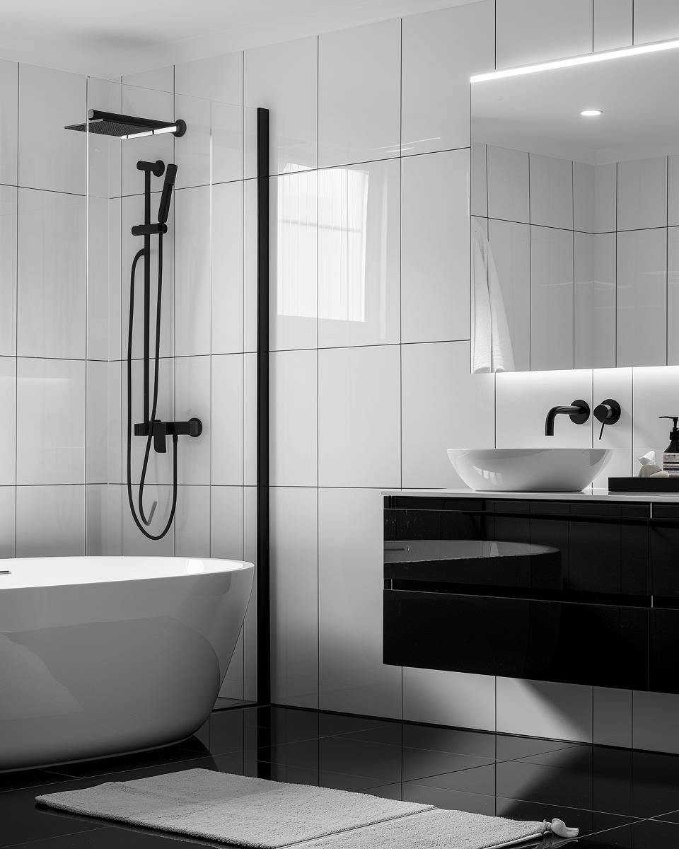 Badezimmer in Schwarz-Weiß gestalten- Kombiniere glänzende und matte Oberflächen