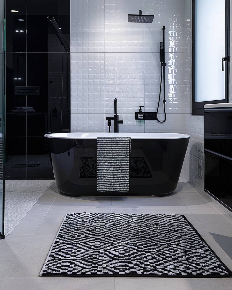 Badezimmer in Schwarz-Weiß gestalten- Spiele mit kontrastreichen Textilien