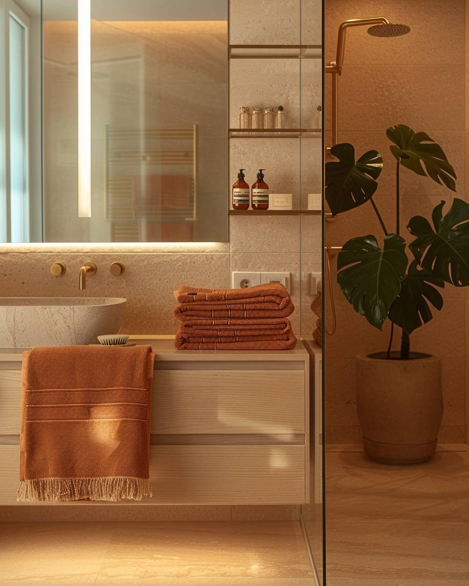 Badezimmer in Terracotta einrichten- Wähle terracottafarbene Handtücher für warme Akzente