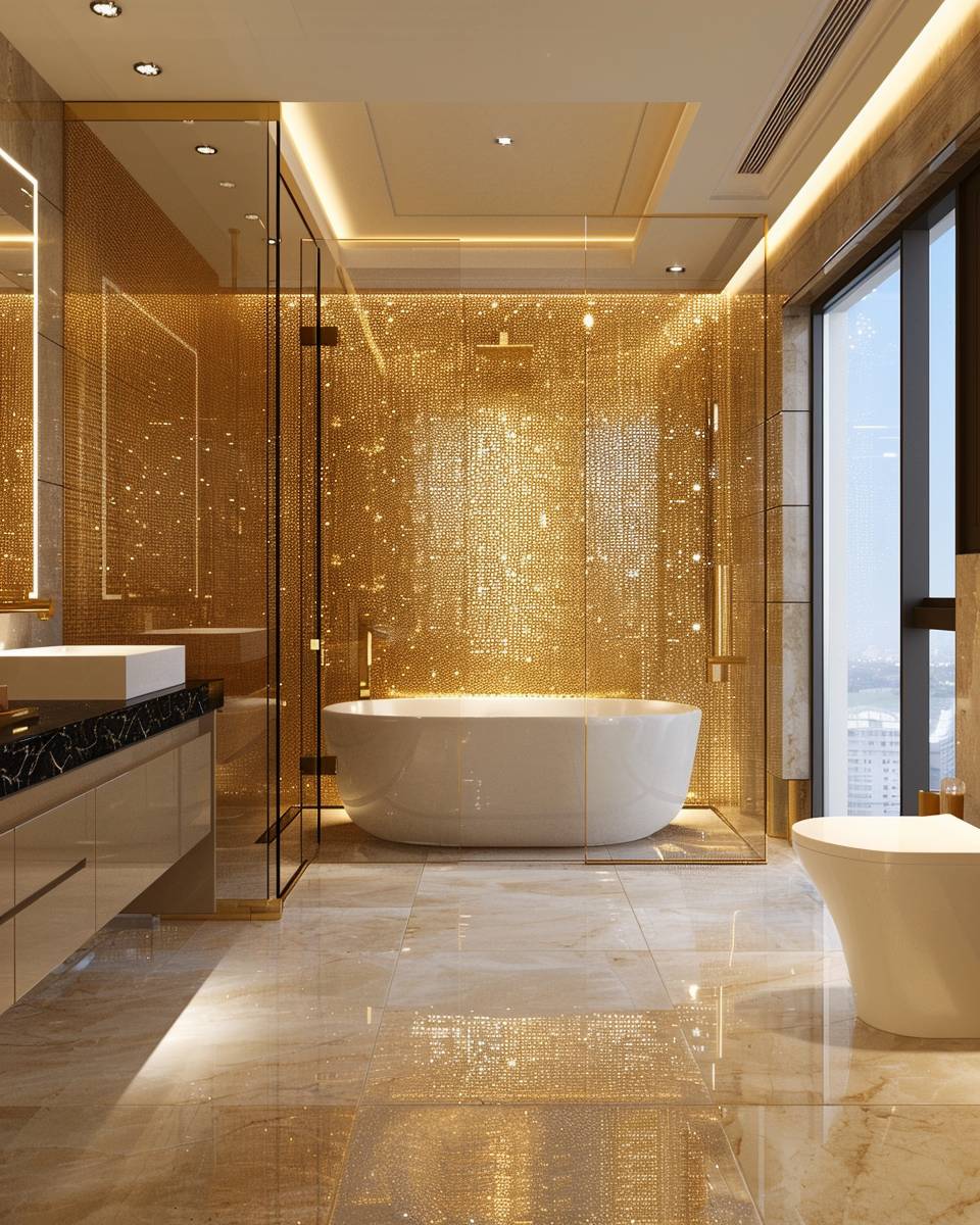 Badezimmer mit Gold einrichten- Experimentiere mit goldenen Mosaikfliesen an der Wand