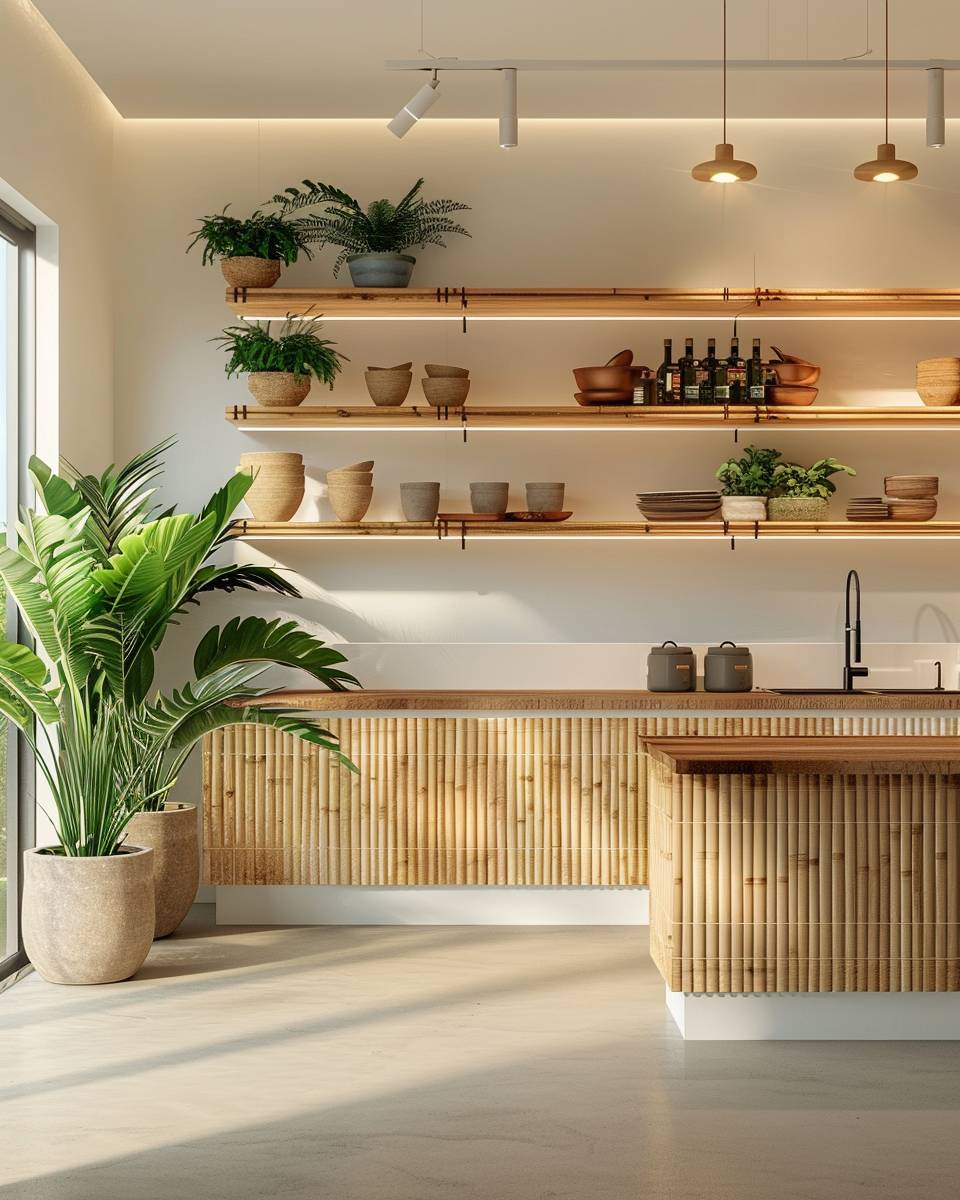 Ideen: Einrichtung mit Bambus- Installiere Bambusregale für offene Küchen