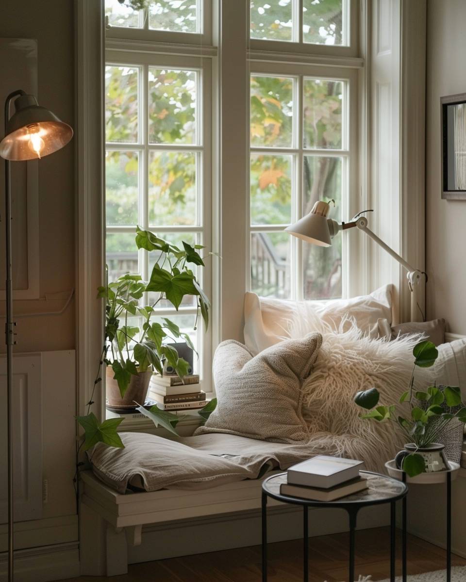 Ideen für Sitzfenster im Wohnzimmer- Integriere eine gemütliche Leselampe neben dem Fenster