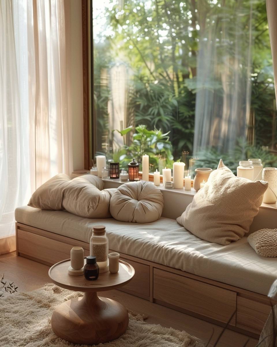 Ideen für Sitzfenster im Wohnzimmer- Ordne Kerzen und Windlichter für Gemütlichkeit an