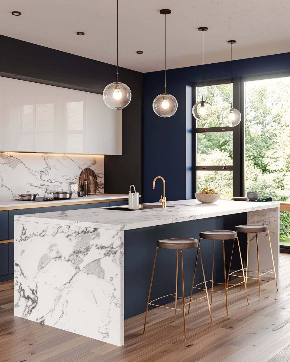 Inspiration: Küche mit Marmor-Arbeitsplatte- Betone die Struktur durch passende Wandfarben