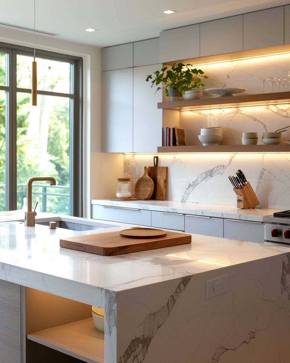 Inspiration: Küche mit Marmor-Arbeitsplatte- Platziere Holzaccessoires als warmen Kontrast