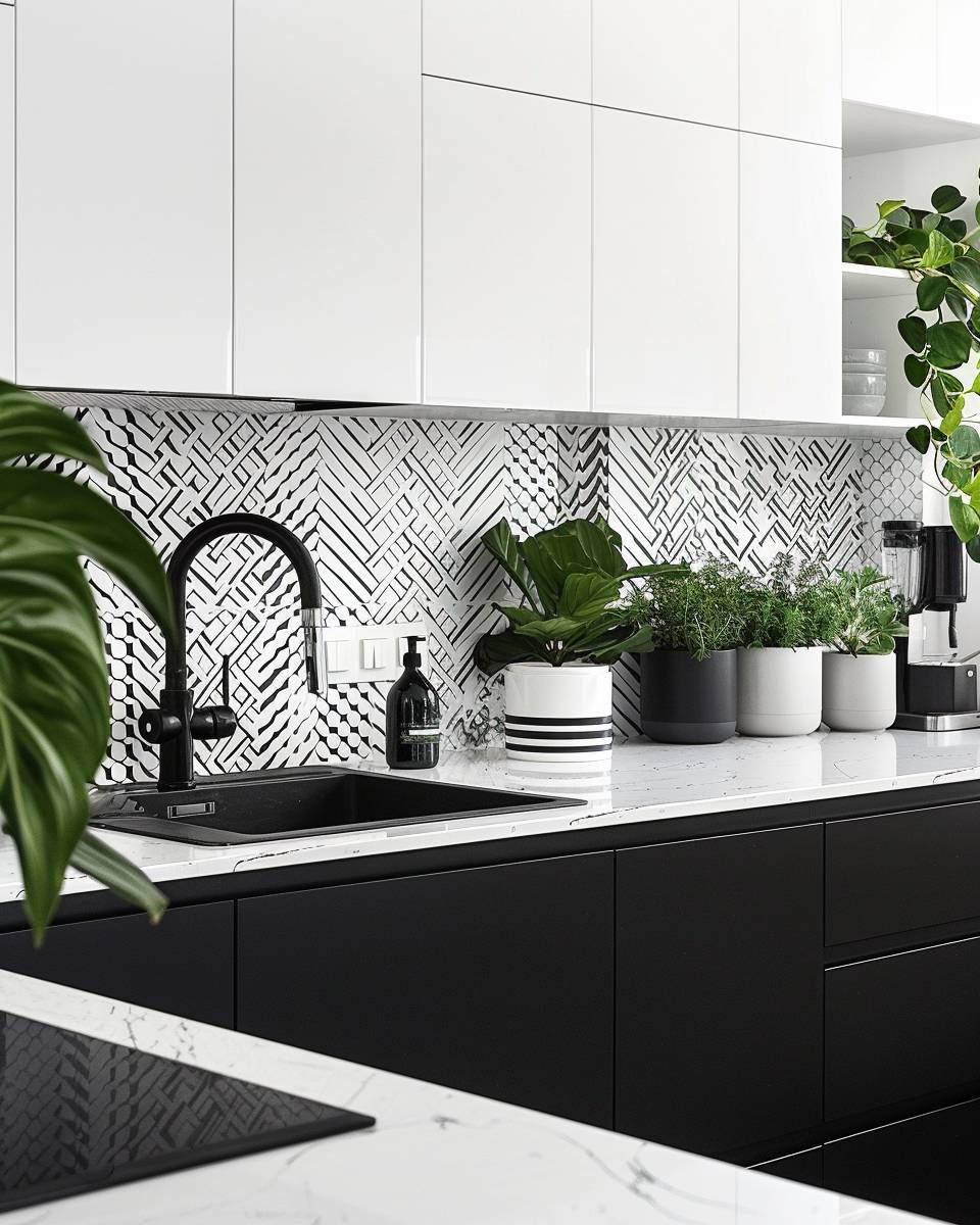 Küche in Schwarz-Weiß gestalten- Füge Pflanzen im schwarz-weißen Übertopf hinzu