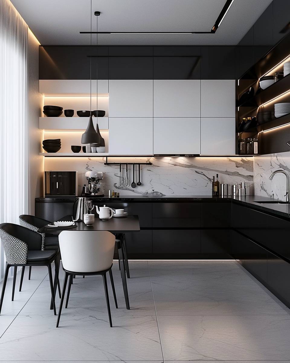 Küche in Schwarz-Weiß gestalten- Mixe unterschiedliche Stuhlformen für Spannung