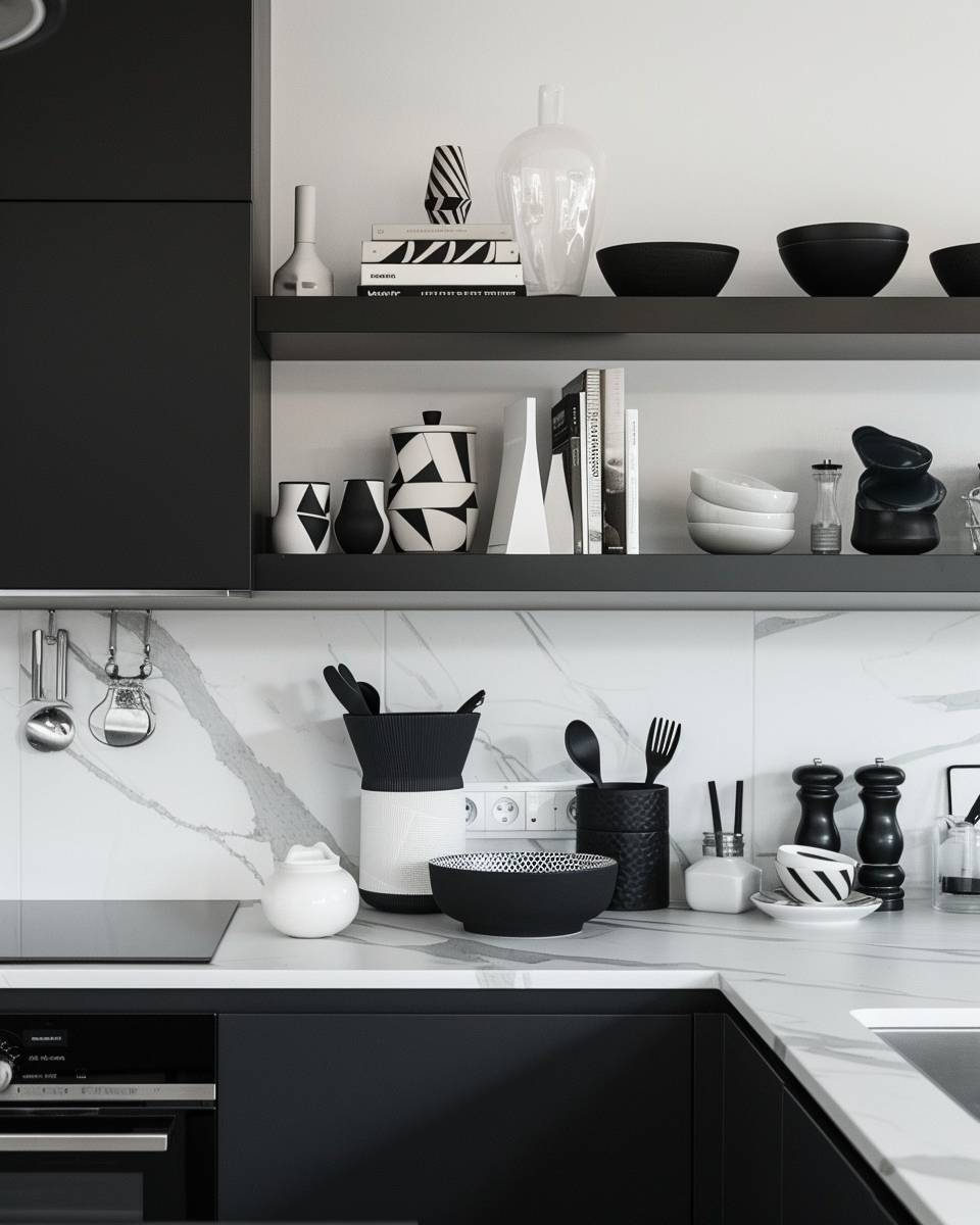 Küche in Schwarz-Weiß gestalten- Richte ein offenes Regal mit monochromen Deko-Objekten ein