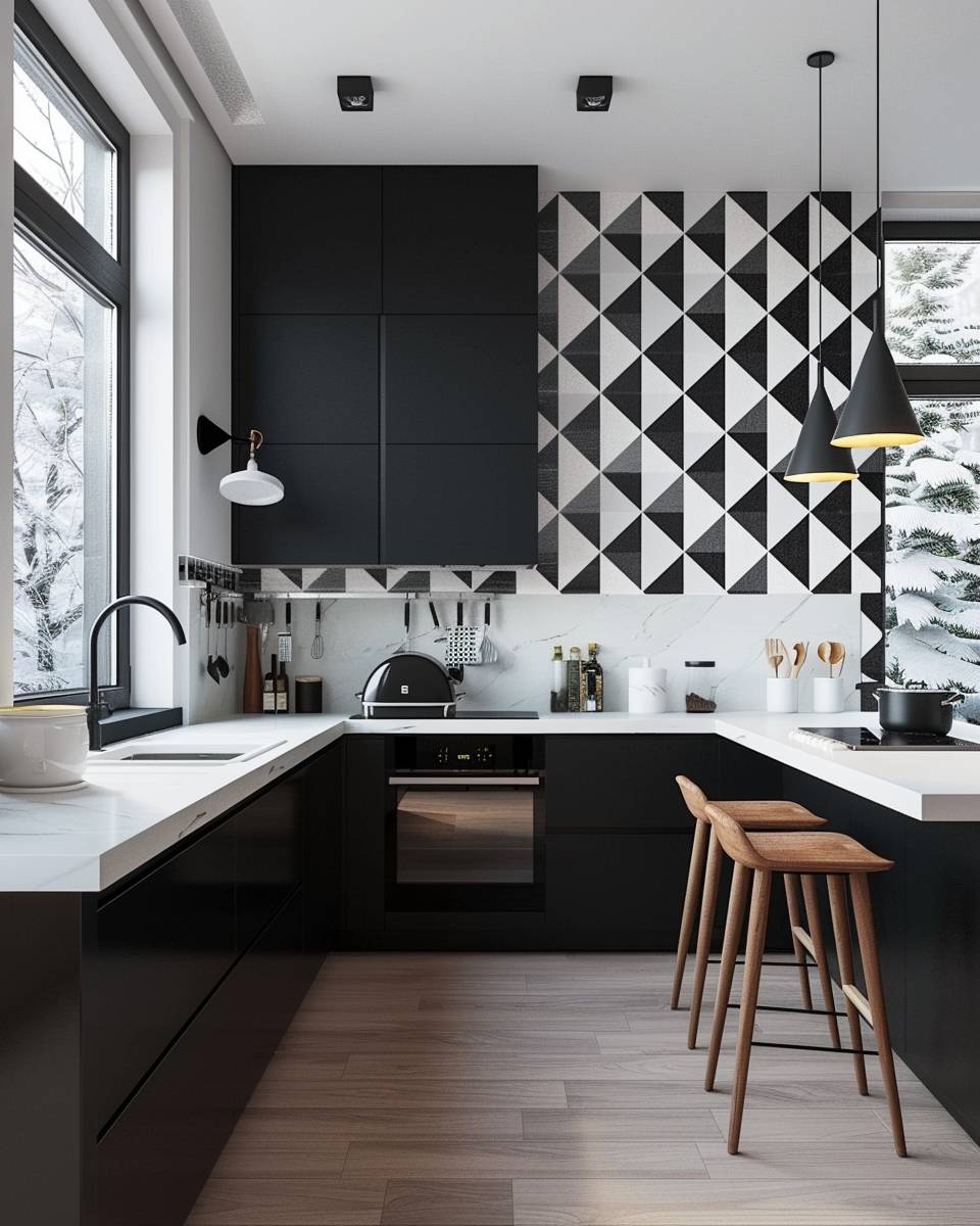 Küche in Schwarz-Weiß gestalten- Wähle Schwarz-Weiß-Tapeten mit geometrischem Muster