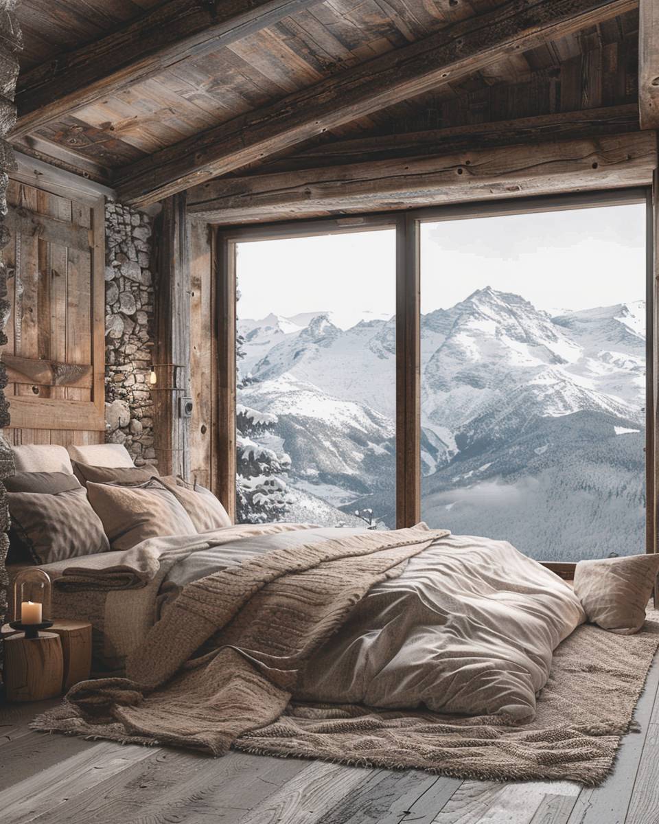 Schlafzimmer im Chalet-Stil gestalten-Kombiniere Altholz mit sanften Stoffen