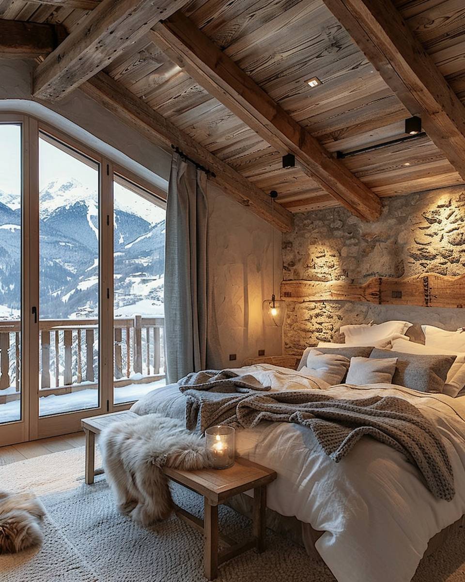 Schlafzimmer im Chalet-Stil gestalten- Bringe Holzdeckenbalken als Akzente an