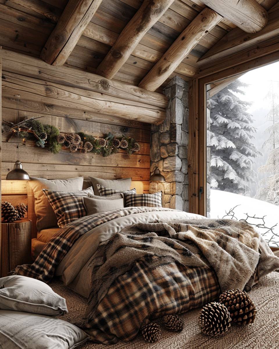 Schlafzimmer im Chalet-Stil gestalten- Dekoriere mit Zapfen, Ästen und Moos