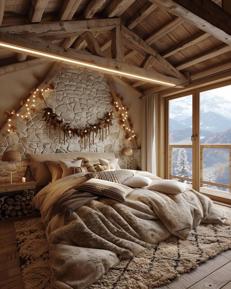 Schlafzimmer im Chalet-Stil gestalten- Hänge Filzgirlanden oder natürliche Wandteppiche auf