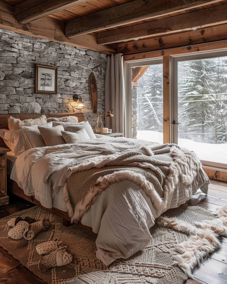 Schlafzimmer im Chalet-Stil gestalten- Integriere flauschige Felle als Bettvorleger