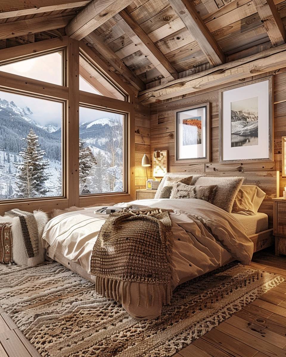 Schlafzimmer im Chalet-Stil gestalten- Nutze Bilderrahmen mit Bergmotiven