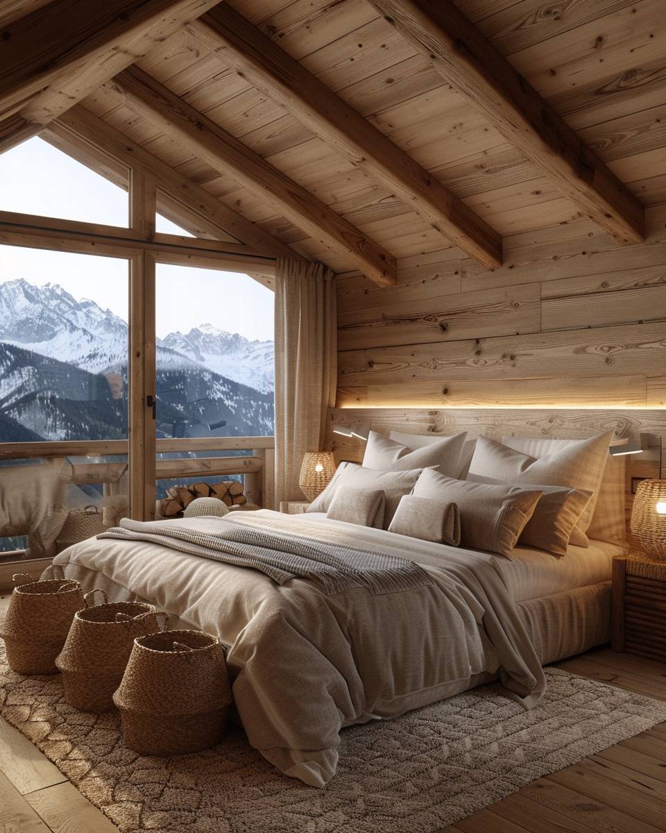 Schlafzimmer im Chalet-Stil gestalten- Platziere geflochtene Körbe für Textilien