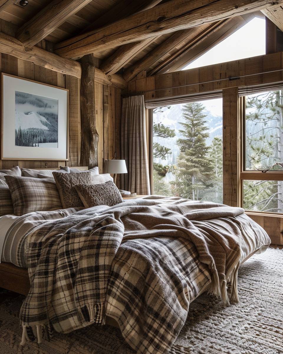 Schlafzimmer im Chalet-Stil gestalten- Platziere warme Wollplaids auf dem Bett