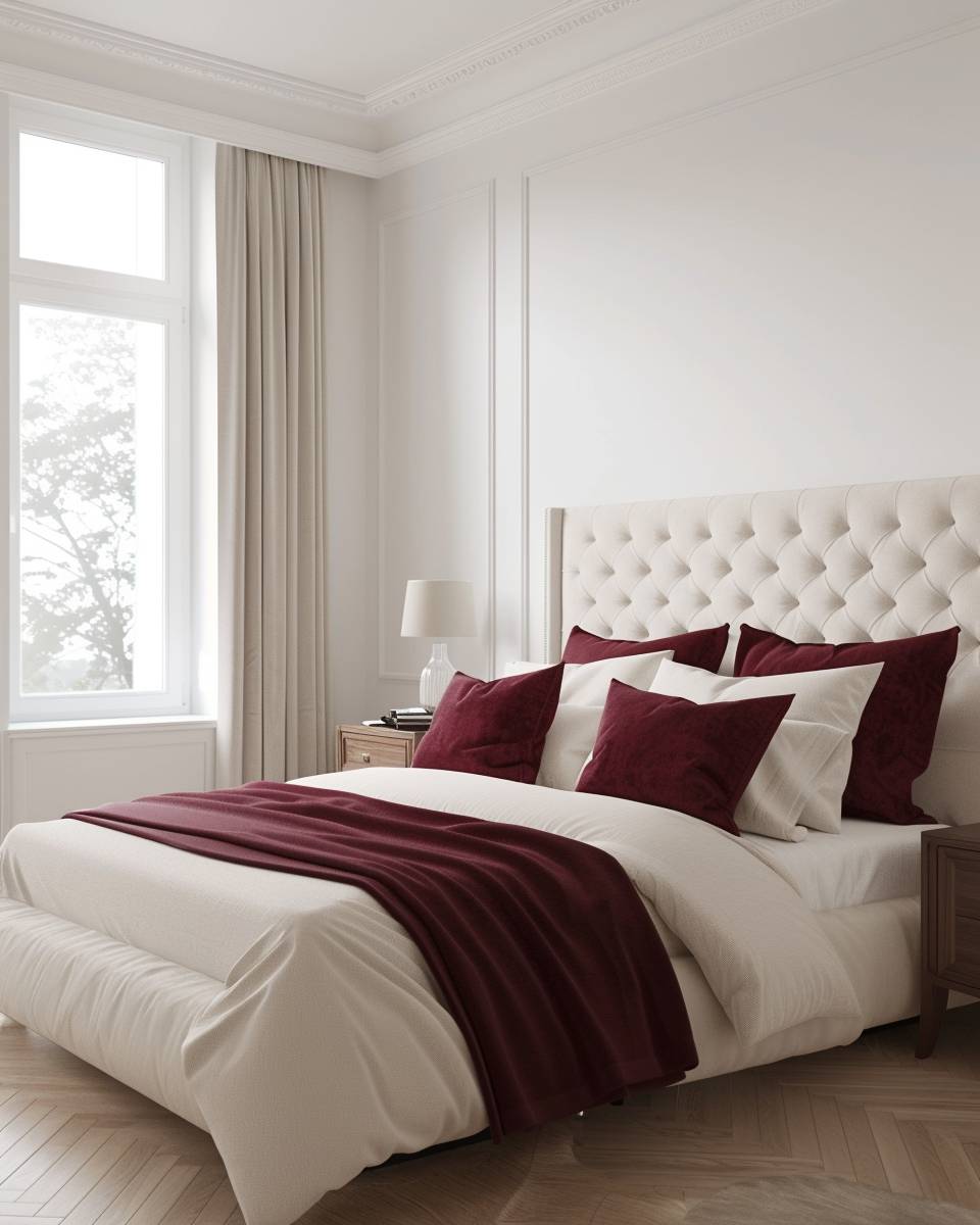 Schlafzimmer in Bordeauxrot gestalten-Setze Akzente mit bordeauxroten Kissenbezügen