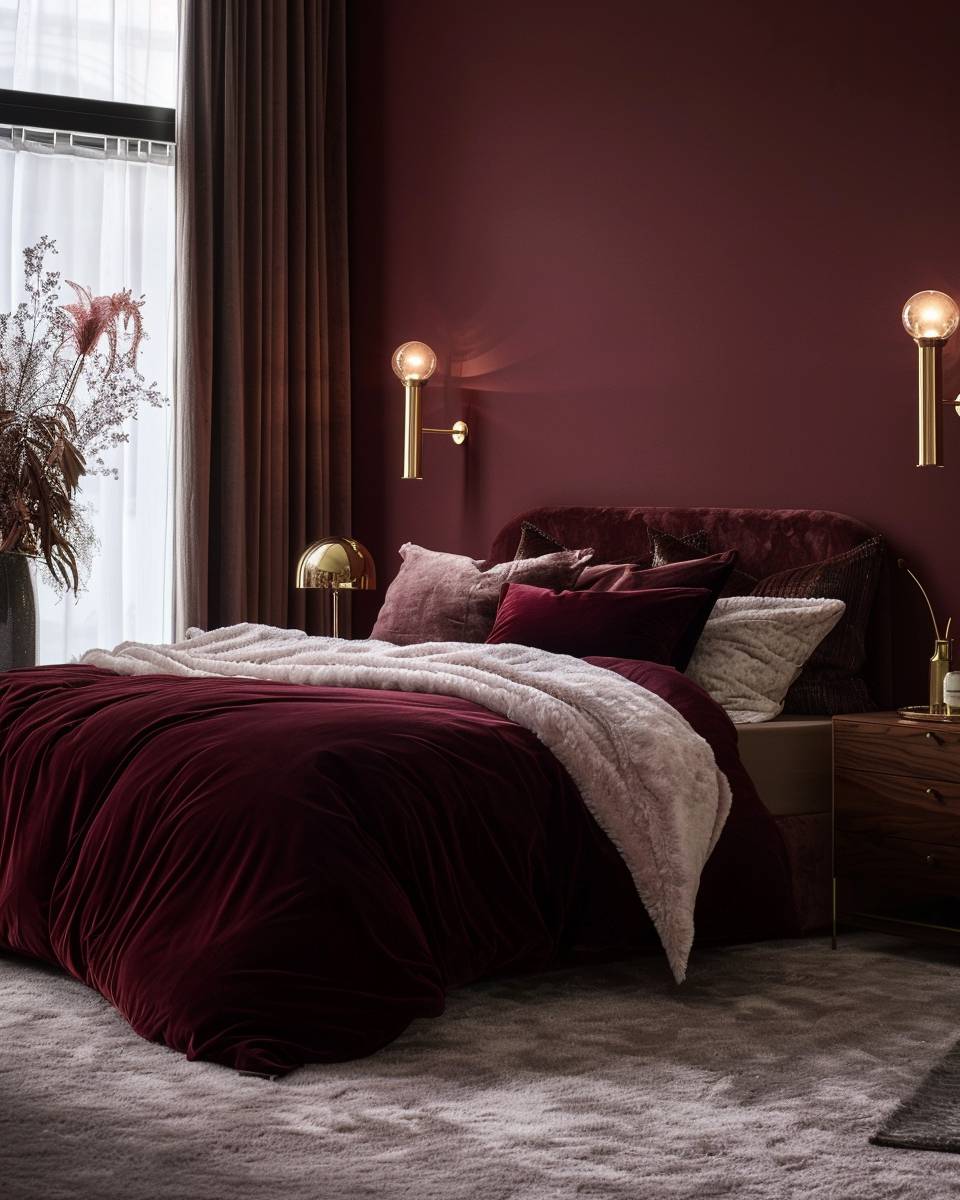 Schlafzimmer in Bordeauxrot gestalten- Betone dein Schlafzimmer mit dezenter Metallic-Deko