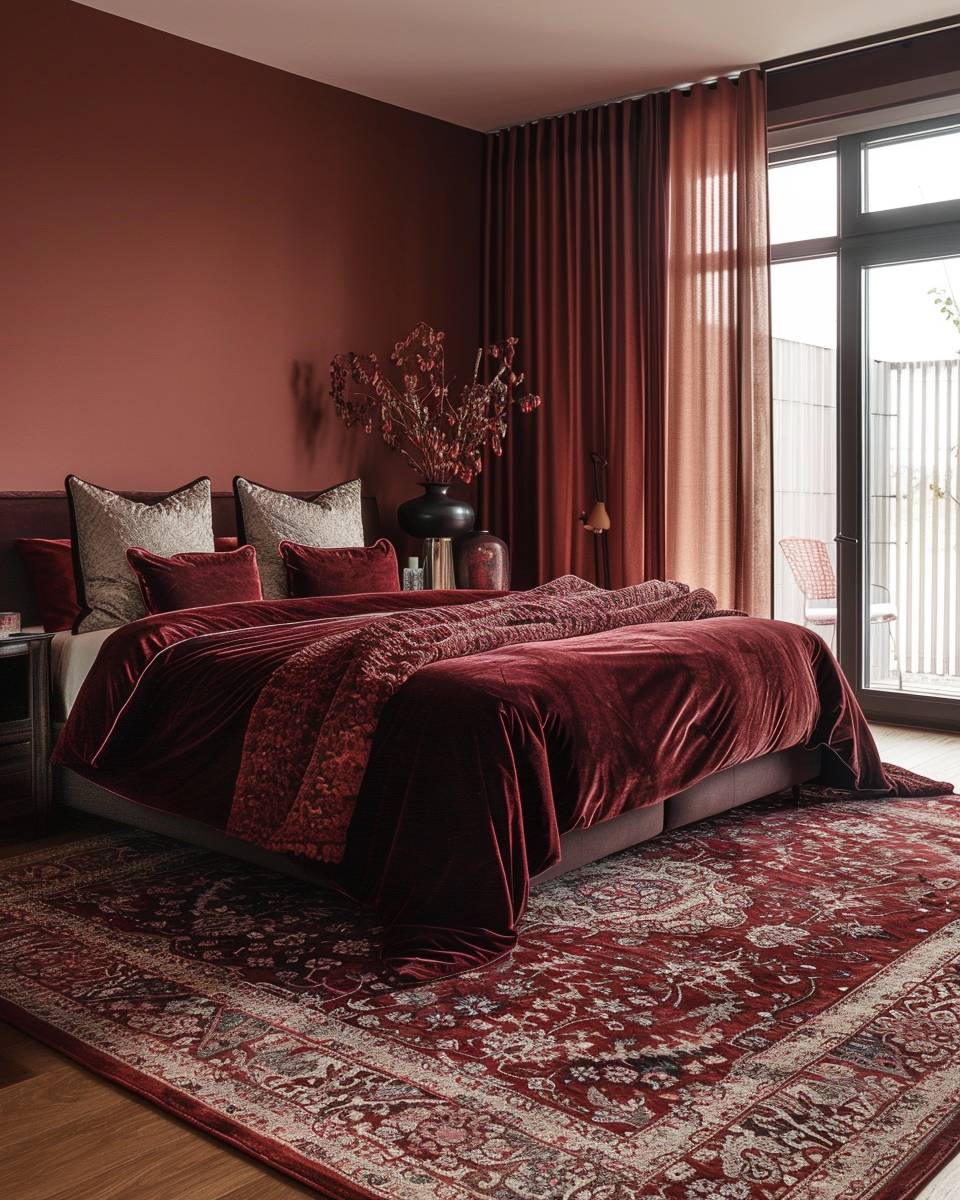 Schlafzimmer in Bordeauxrot gestalten- Experimentiere mit Teppichen in ähnlichen Farbwelten