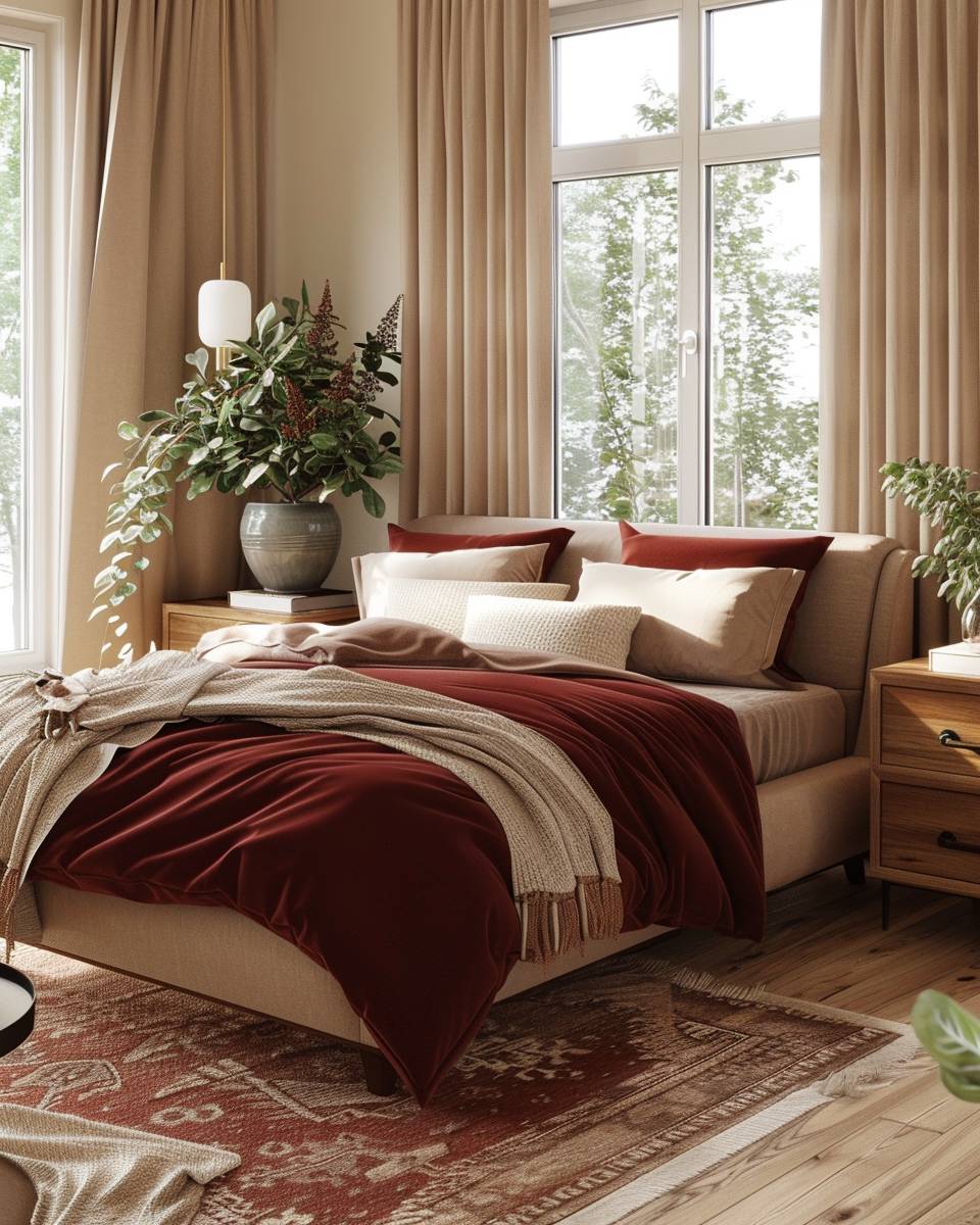 Schlafzimmer in Bordeauxrot gestalten- Integriere Holz- und Naturtöne für mehr Wärme