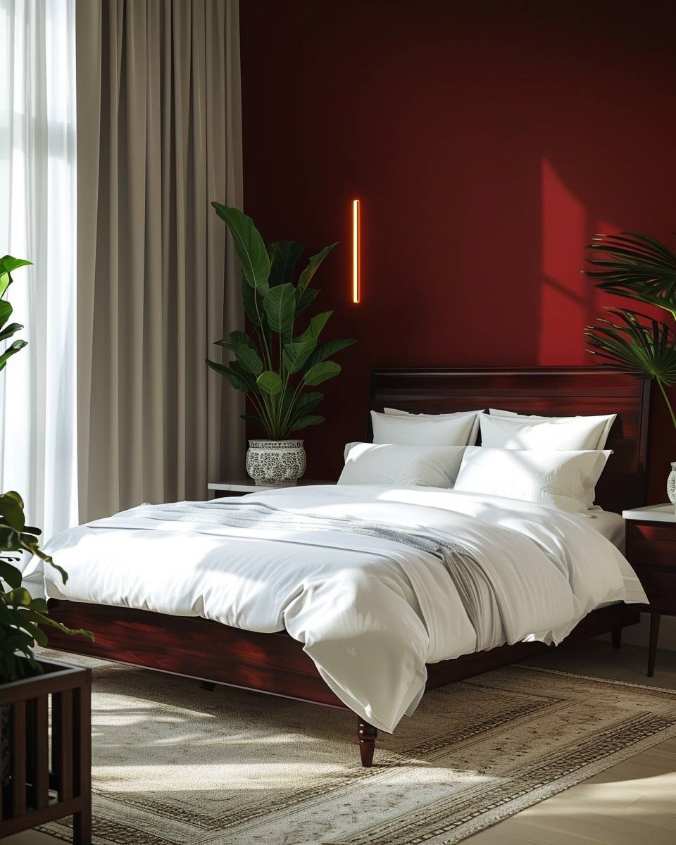 Schlafzimmer in Bordeauxrot gestalten- Integriere Pflanzen für frisches Grün im Raum