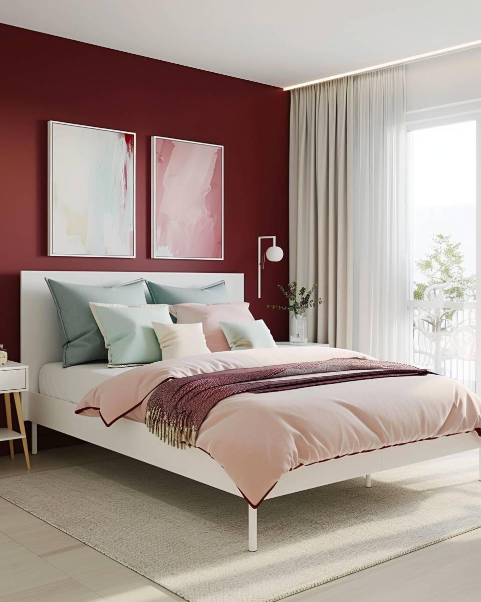 Schlafzimmer in Bordeauxrot gestalten- Kombiniere Bordeaux mit Pastellfarben für Modernität