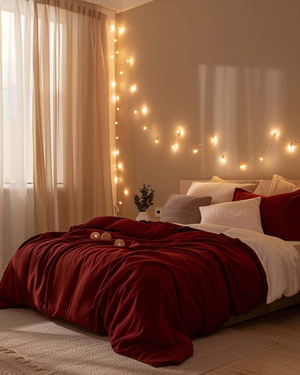 Schlafzimmer in Bordeauxrot gestalten- Nutze zarte Lichterketten für eine romantische Atmosphäre