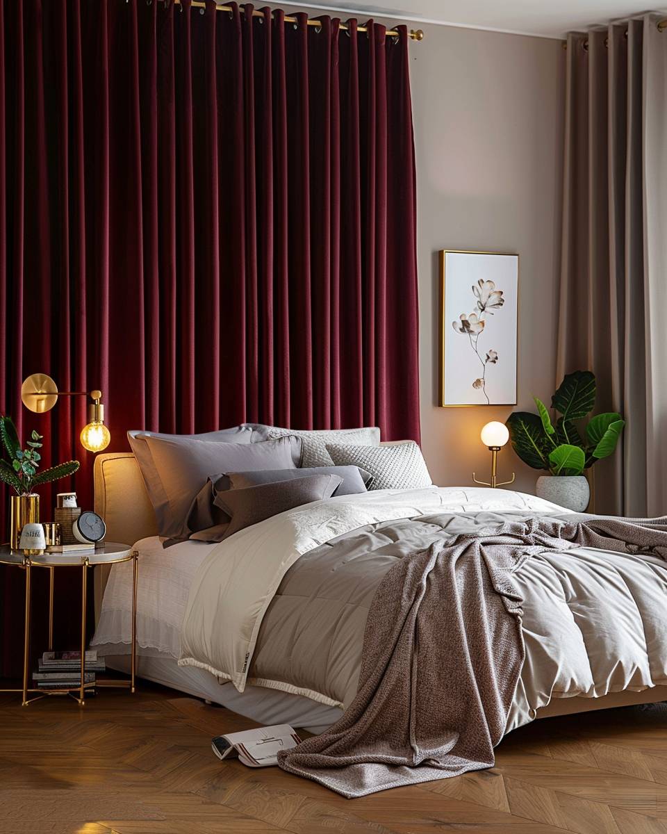 Schlafzimmer in Bordeauxrot gestalten- Schaffe Gemütlichkeit mit samtigen Vorhängen