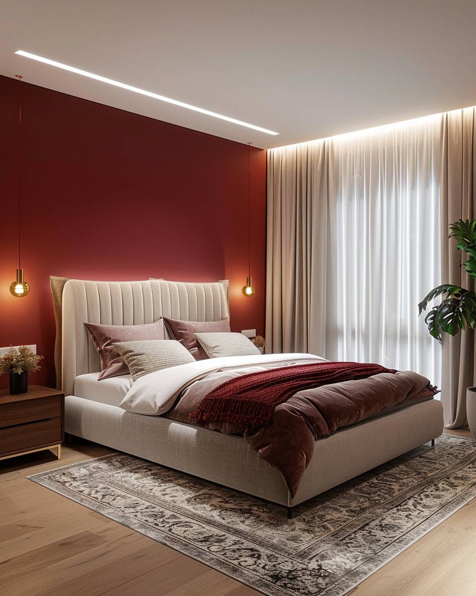 Schlafzimmer in Bordeauxrot gestalten- Spiele mit transparenten Vorhängen für Leichtigkeit