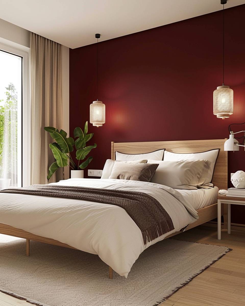 Schlafzimmer in Bordeauxrot gestalten- Streiche eine Wand in intensivem Bordeauxrot