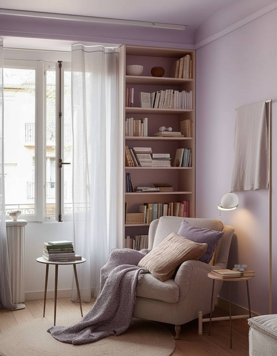 Schlafzimmer in Flieder gestalten- Gestalte eine Leseecke mit fliederner Decke