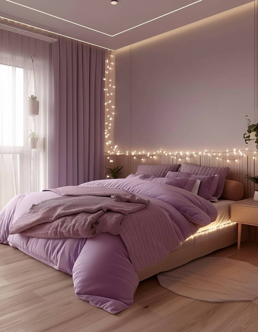 Schlafzimmer in Flieder gestalten- Platziere sanfte Lichterketten im Raum