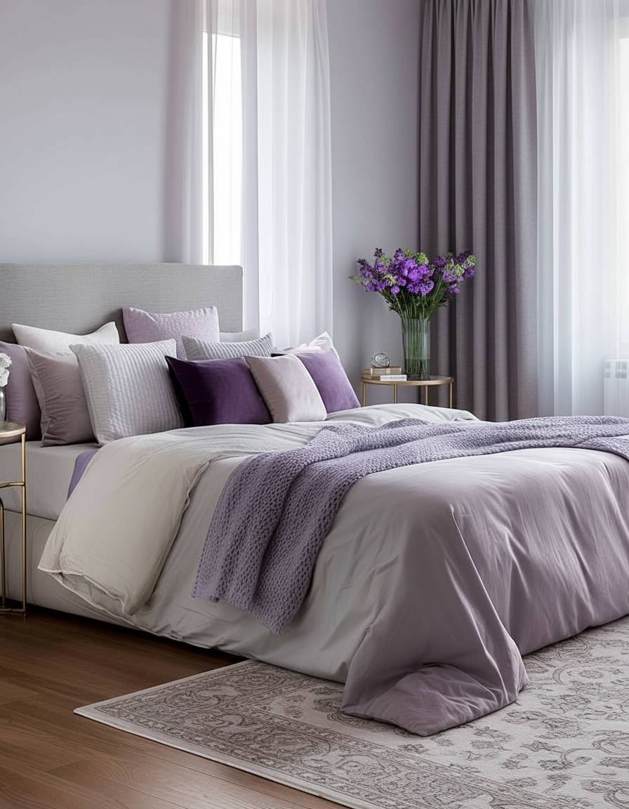Schlafzimmer in Flieder gestalten- Schmücke dein Bett mit Dekokissen in Lavendel