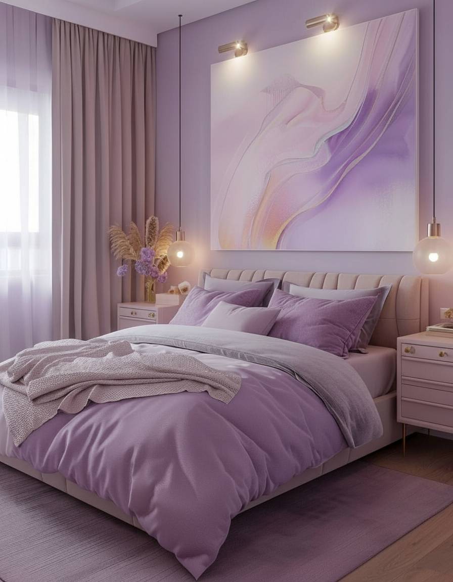Schlafzimmer in Flieder gestalten- Setze auf pastellfarbene Wandbilder